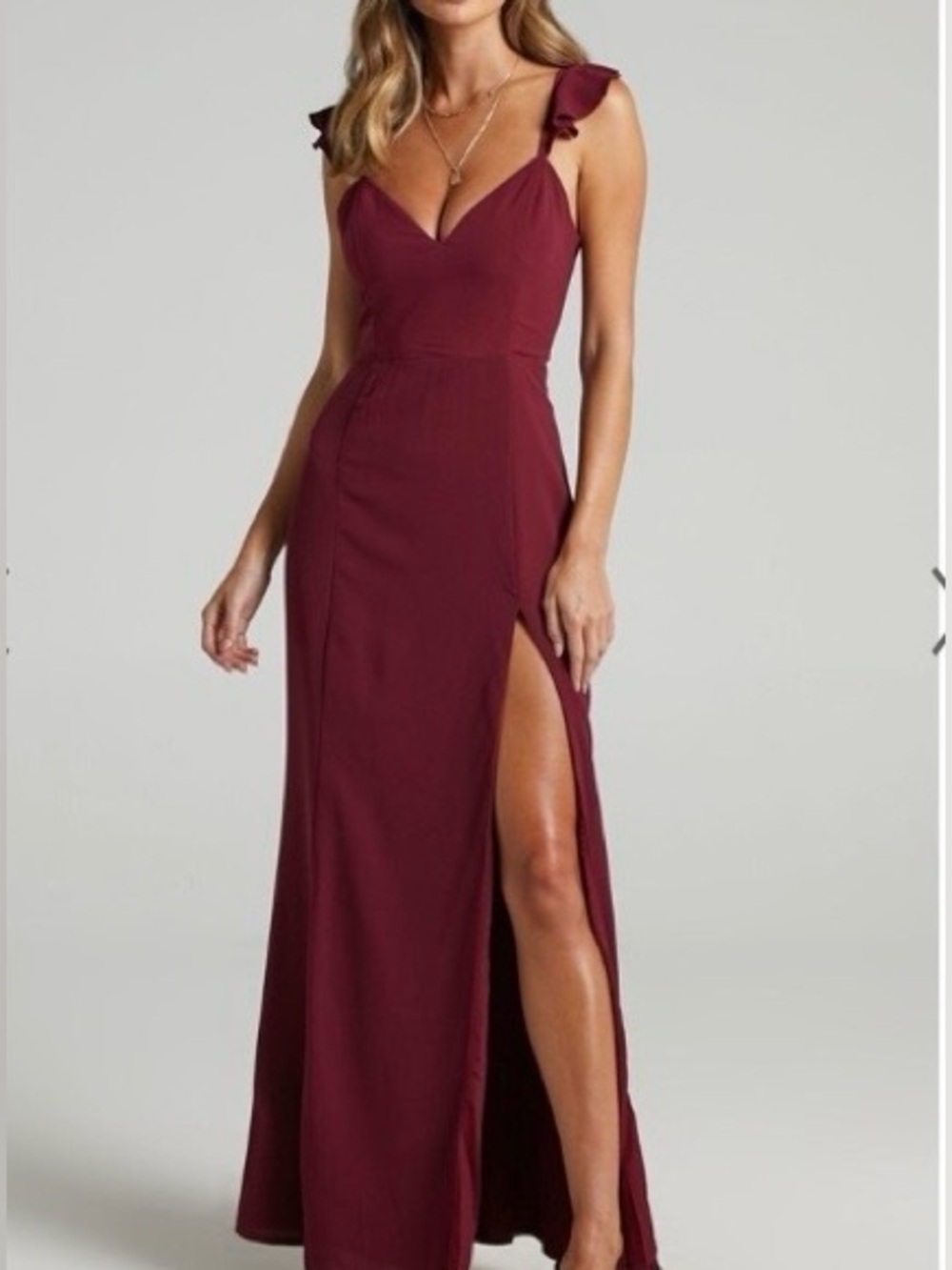 Showpo Burgundy Wine Ruffle-Strap Maxi Dress Homecoming Wedding Guest AU 12 US 8